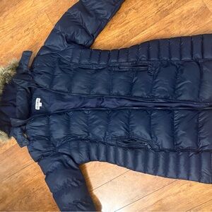 London Fog Dark Blue Puffer Jacket with Faux Fur Hood
